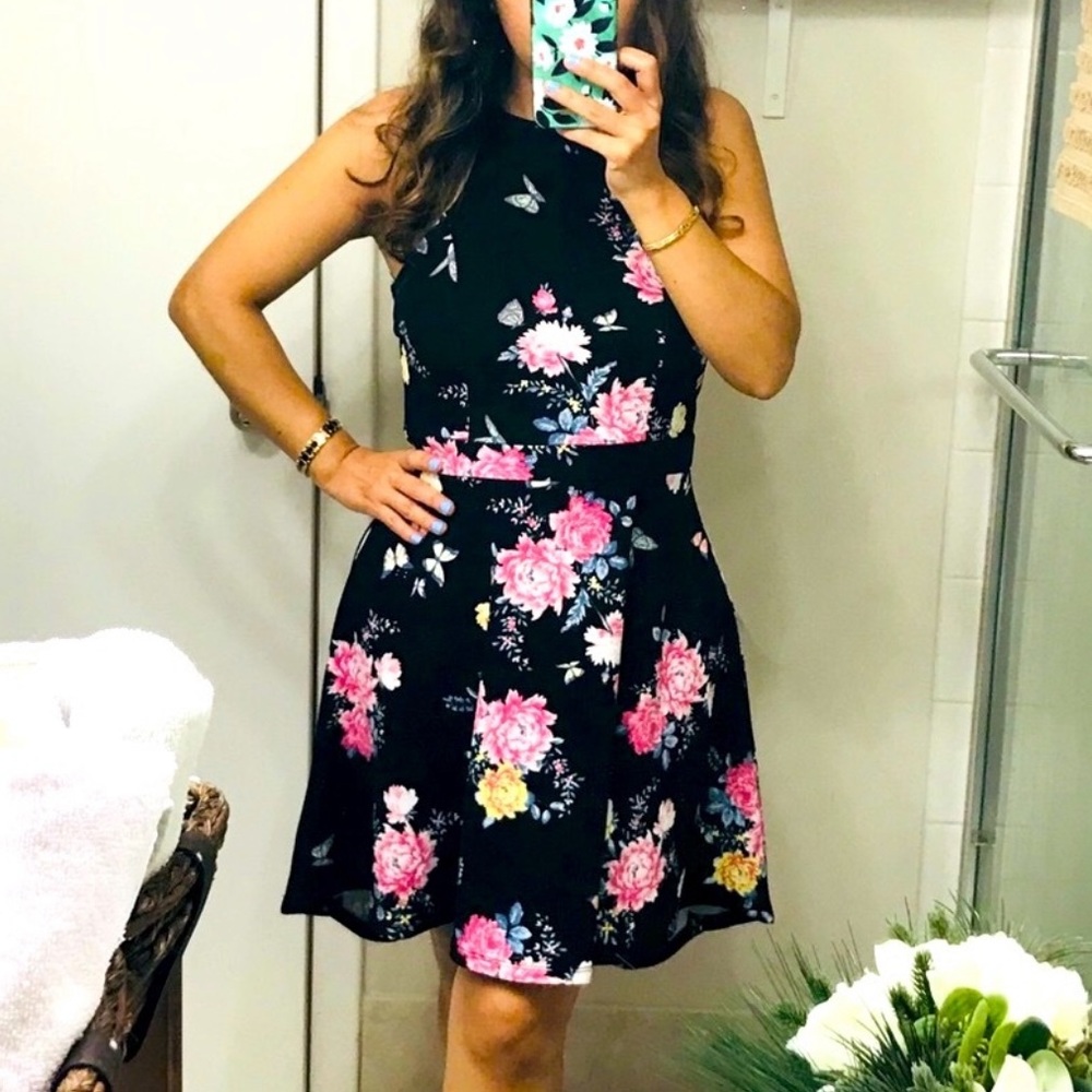 Black and Pink Floral Halter Fit and Flare Dress / Medium